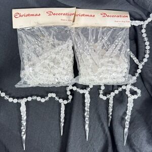 2 Vintage Beaded Icicle Garland Strands 7' Christmas Trim Frosted Clear Plastic